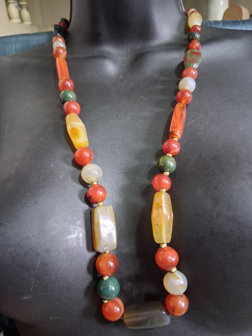 Multicolor Agate Bead Necklace in Red, Green & Cream Boho Vintage